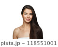 Isolated happy young female model with natural make-up, shiny clean skin and perfect hair. Beautiful woman face 118551001