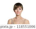 Short-haired young female model with natural make-up, shiny clean skin and perfect haircut isolated  118551006