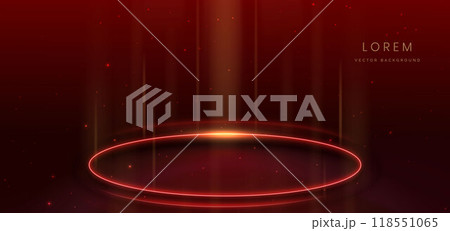 Glowing neon red circular lines on dark red background with lighting effect and sparkle with copy space for text. Glowing neon red circular lines on dark red background with lighting effect and sparkle with copy space for text. 118551065