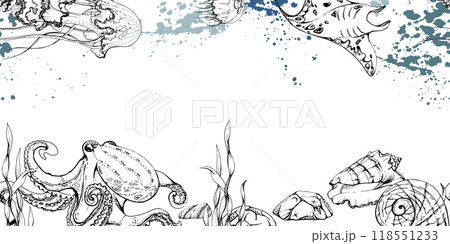 Marine life, sea ocean underwater creatures fish, shells algae seaweed, Ink and pen sketch hand drawn. Seamless banner illustration, stylized, isolated on white. For zoo shop, aquarium, fabric decor 118551233