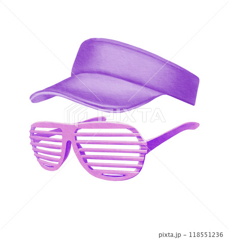 80s, 90s style trendy shutter glasses and sun visor in bright acid purple colors for theme parties, retro posters. Three-dimensional illustration in watercolor technique isolated on white background 118551236