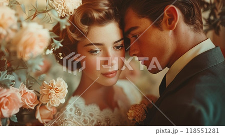 A wedding anniversary collage with romantic photos and elegant templates. 118551281