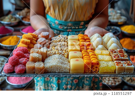 Woman holding a tray of traditional sweets close-up Woman holding a tray of traditional sweets close-up 118551297