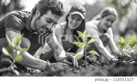 Volunteers planting trees in a community park. 118551327