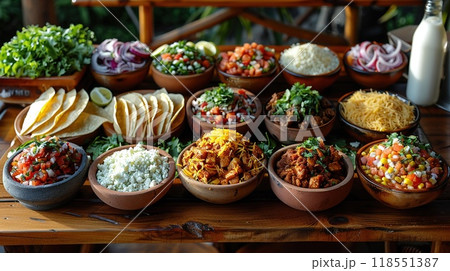 A traditional Mexican feast with a variety of dishes. 118551387