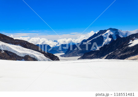 View of Great Aletsch Glacier, the largest glacier in the Alps and UNESCO heritage, in Canton of Valais, Switzerland View of Great Aletsch Glacier, the largest glacier in the Alps and UNESCO heritage, in Canton of Valais, Switzerland 118551481