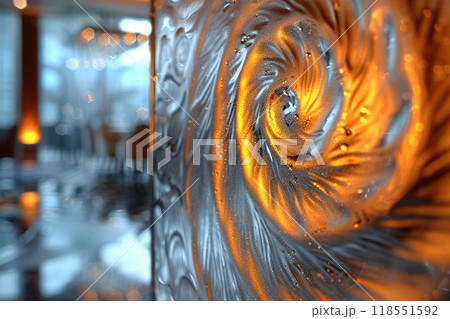 A close-up of a glass logo on a frosted glass surface 118551592