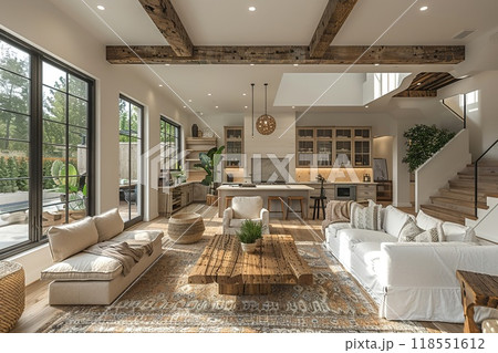 A VR mockup of a spacious open-concept living area. 118551612