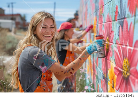 Community members painting a mural together. 118551645