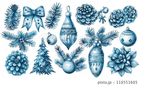 A detailed outline drawing of various holiday decorations. A detailed outline drawing of various holiday decorations. 118551685