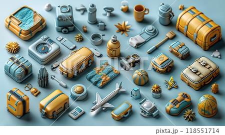 A 3D icon set for a travel application including planes 118551714