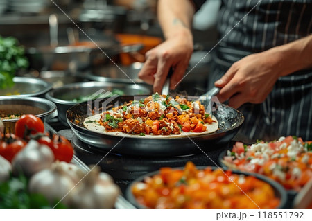 A person serving a plate of enchiladas at a restaurant. A person serving a plate of enchiladas at a restaurant. 118551792