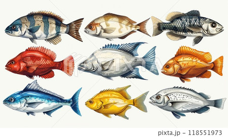 An outline illustration of various types of fish. 118551973