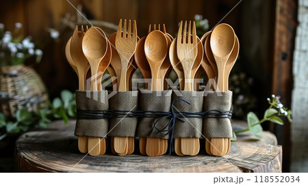A wooden cutlery set arranged with eco-friendly packaging 118552034