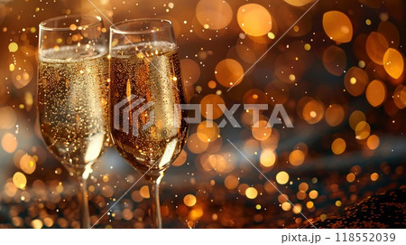A holiday collage with New Year celebration photos and sparkling designs. 118552039