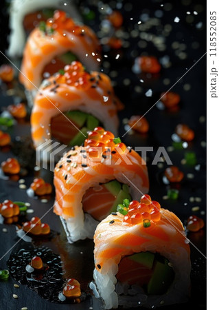 Fresh salmon sushi with fish eggs and avocado on rice, presented with elegant plating. A gourmet Japanese dish perfect for seafood lovers, highlighting vibrant colors and textures 118552085