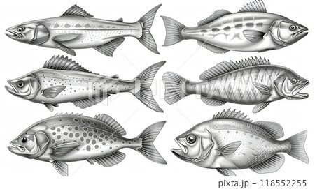 An outline illustration of various types of fish. An outline illustration of various types of fish. 118552255