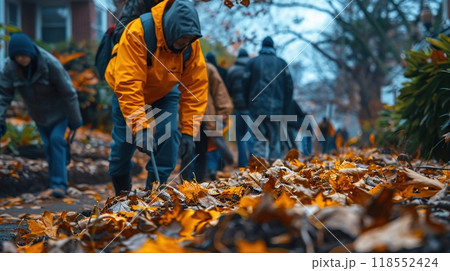 A neighborhood cleanup event with volunteers 118552424