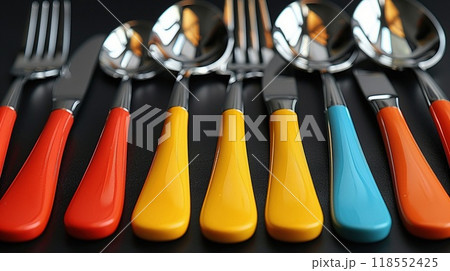 A colorful cutlery set with ergonomic handles. 118552425