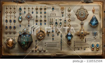 A detailed outline drawing of various types of jewelry. 118552504