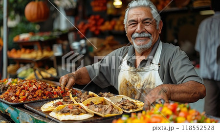 A street vendor selling fresh tacos al pastor. 118552528