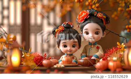 A festive scene of a family celebrating Lunar New Year with traditional decorations. 118552629