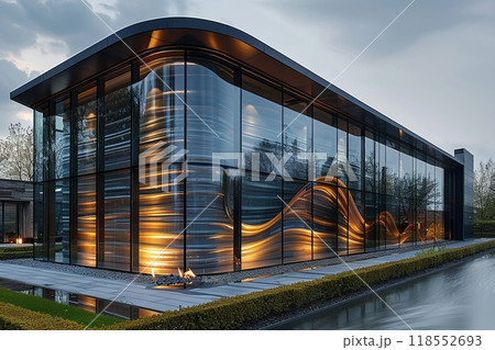 A glass logo displayed on a modern office building. A glass logo displayed on a modern office building. 118552693