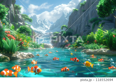 A 3D cartoon scene with underwater creatures. 118552694