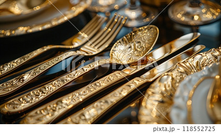A luxury gold-plated cutlery set displayed elegantly. 118552725