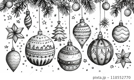 A detailed outline drawing of various holiday decorations. 118552770