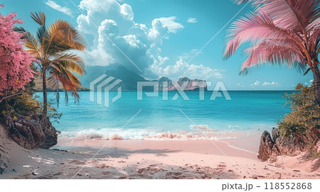 A summer vacation collage with beach photos and tropical designs. 118552868