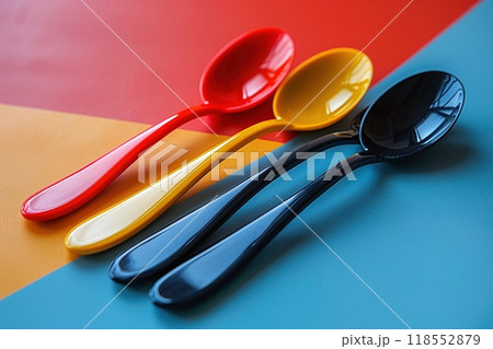 A colorful cutlery set with a modern design. 118552879