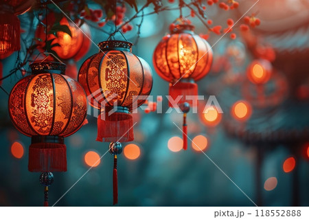 Close-up of red lanterns and New Year decorations 118552888