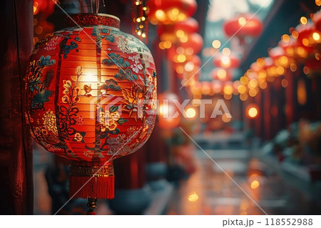 Close-up of red lanterns and New Year decorations 118552988