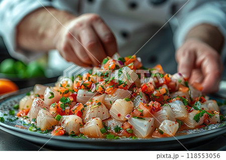 A chef preparing a plate of ceviche in a Mexican restaurant. 118553056