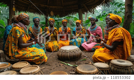 Women gathered for a traditional song and dance wide-angle Women gathered for a traditional song and dance wide-angle 118553302
