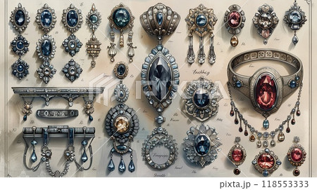 A detailed outline drawing of various types of jewelry. 118553333