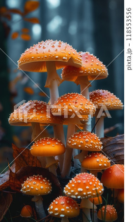 Detailed view cluster of orange white fly agaric mushrooms growing forest autumn 118553556