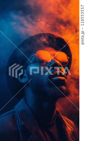Stylish young Black man aviator sunglasses hat blue orange smoky lighting 118553557