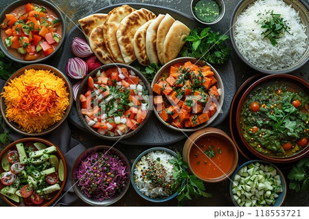 Traditional Eid al Adha feast spread on a table overhead 118553721