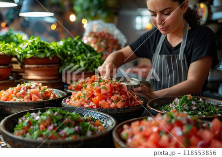 A person making fresh salsa with traditional...のイラスト素材 [118553856] - PIXTA