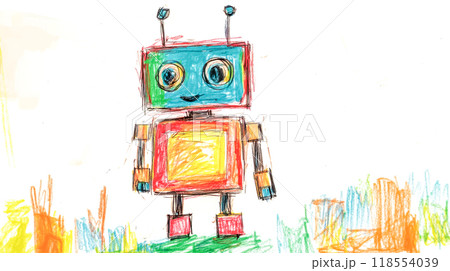 Colorful child drawing of a smiling robot 118554039