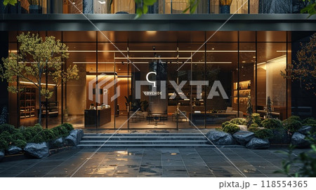 A glass logo displayed on a contemporary storefront. 118554365