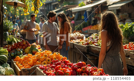 A family visiting a farmers market. 118554403