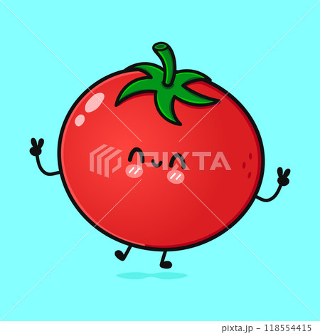 Jumping Tomato. Vector hand drawn cartoon kawaii character illustration icon. Isolated on blue background. Tomato character concept Jumping Tomato. Vector hand drawn cartoon kawaii character illustration icon. Isolated on blue background. Tomato character concept 118554415