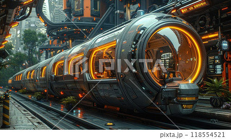 A 3D rendering of a futuristic transportation system. 118554521