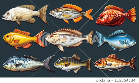 An outline illustration of various types of fish. 118554534