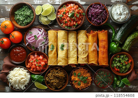 A vibrant spread of traditional Mexican food including tacos A vibrant spread of traditional Mexican food including tacos 118554608