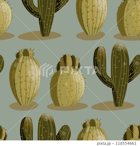 Seamless pattern with cactus with thorns, succulent on color background. Vector drawing illustration for icon, game, packaging, fabric, textile. Wild west, western, cowboy concept 118554661