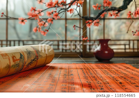 Close-up of a traditional Chinese New Year calligraphy on red paper. 118554665